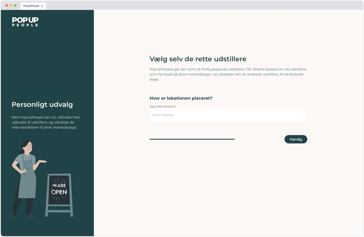 Location onboarding step allowing manual address search for selecting appropriate vendors with a search field and call-to-action.